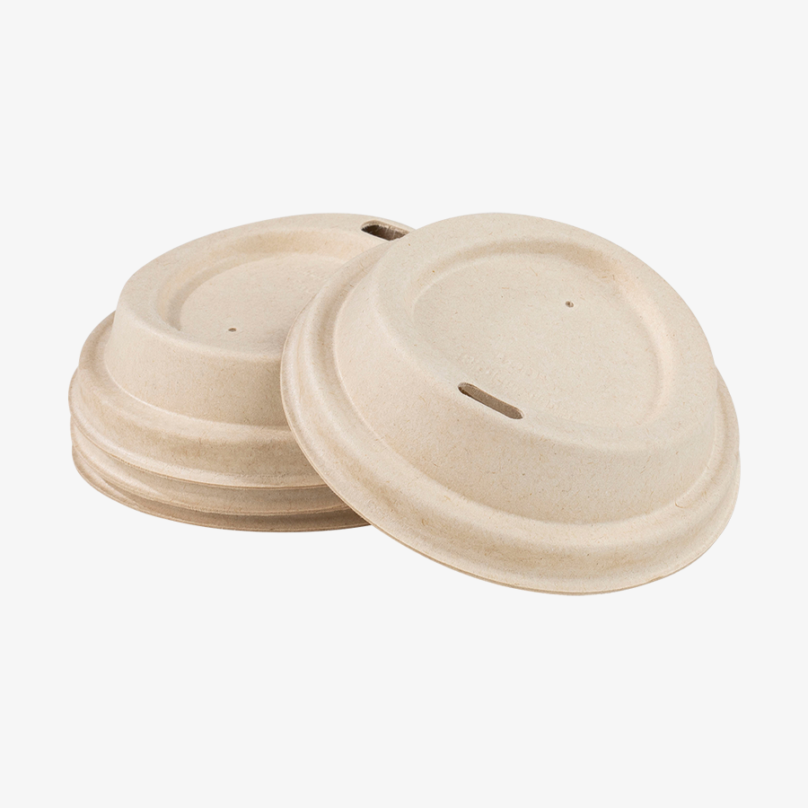 Naturbraune To-go-Deckel aus Biopappe mit Trinkloch, Durchmesser 90 mm