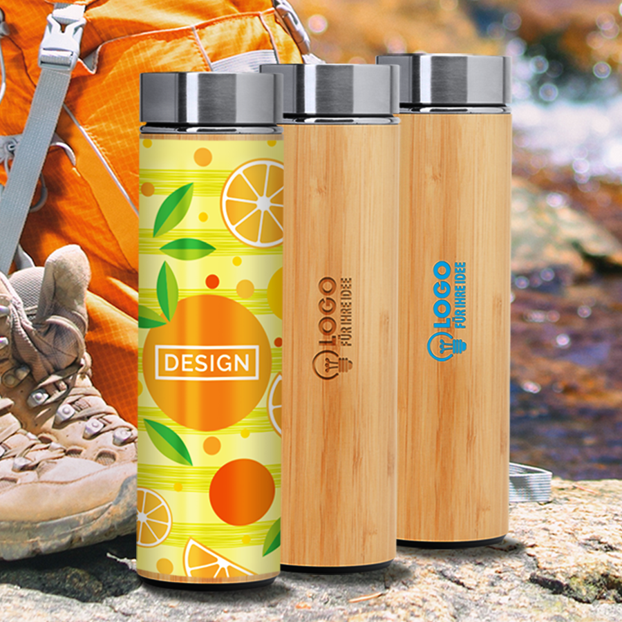 Edelstahlflasche (500 ml) mit Bambus-Aussenwand und Druck oder Gravur