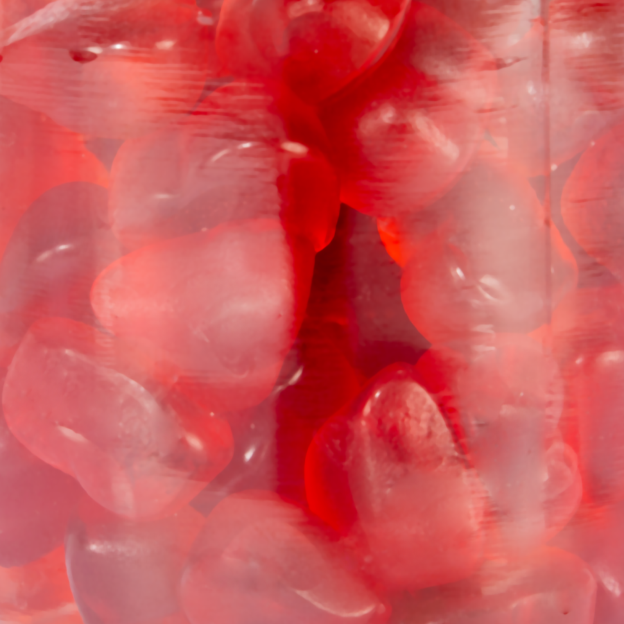 Detailansicht Fruchtgummis im Glas, Glühweinherzen ohne Alkohol