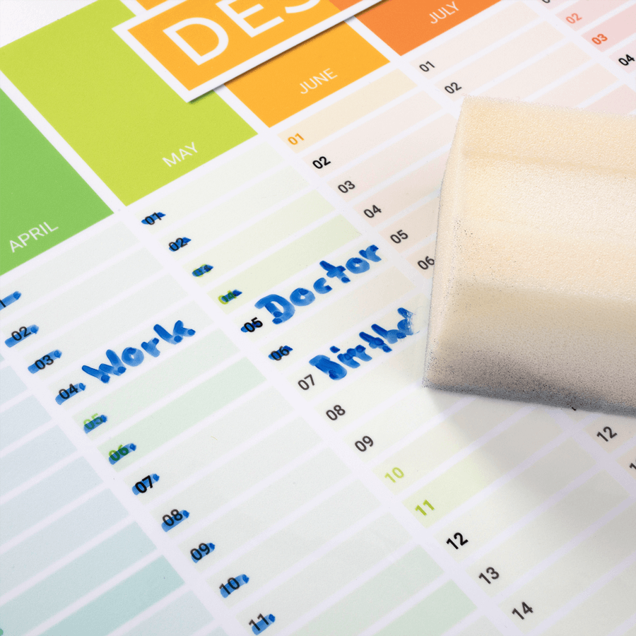 Detailansicht eines wiederbeschreibbaren Jahresplaners mit 4/0-farbigem Druck