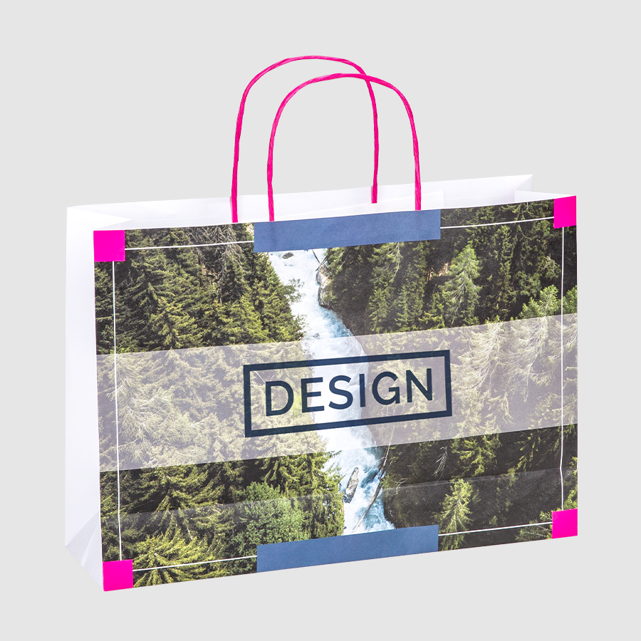 34 x 24 x 10 cm grosse Papiertragetasche mit pinken Papierkordeln und 4/0-farbigem Druck