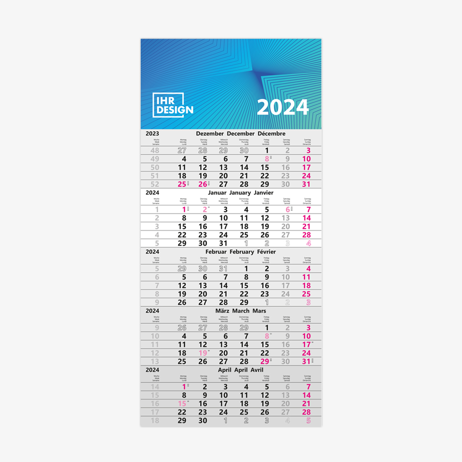 5-Monatskalender als Einblockvariante, Kopfteil individuell bedruckbar