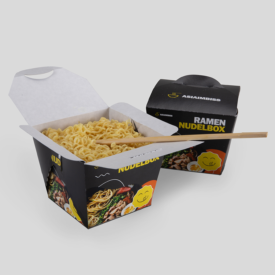 Individuelle Foodboxen im Corporate Design, vollfarbig bedruckt mittels Digital- oder Offsetdruck, Servierbeispiel