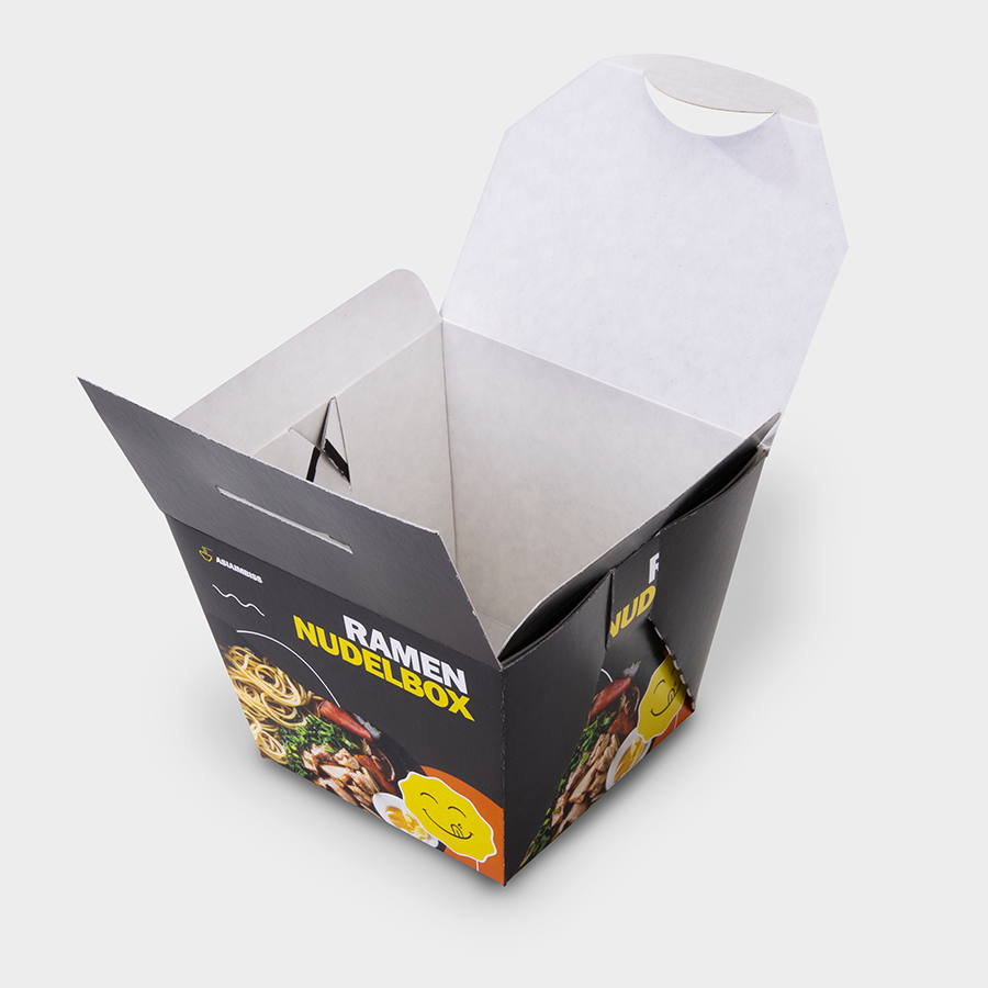 Offene Foodbox mit individuellem Druck, aus starkem Recyclingkarton mit Fettbarriere