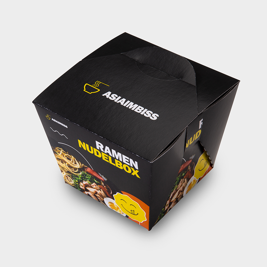 Kleine Foodbox mit individuellem Druck mit 750 ml Fassungsvermögen und den Massen 83 x 83 x 87 mm