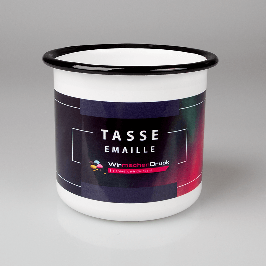 Frontansicht einer Emaille-Tasse mit individuellem Druck 