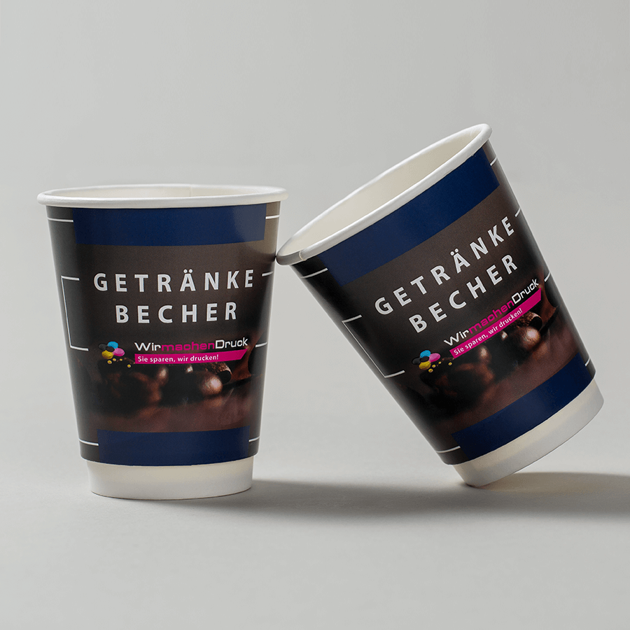 Zwei doppelwandige Standard-Becher der SpeedLine aus Pappe mit individuellem Druck, für Heissgetränke geeignet