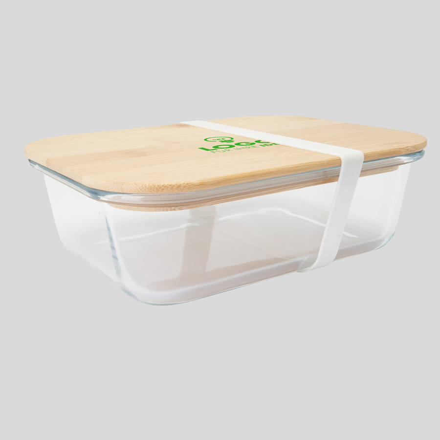 Glas-Lunchbox mit Silikon-Spannband und individuell bedrucktem Bambusdeckel (UV-Druck)