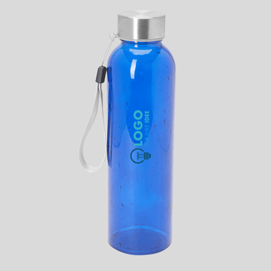 Individuell bedruckte, blaue Glasflasche mit Edelstahlverschluss und Handschlaufe, 500 ml Fassungsvermögen