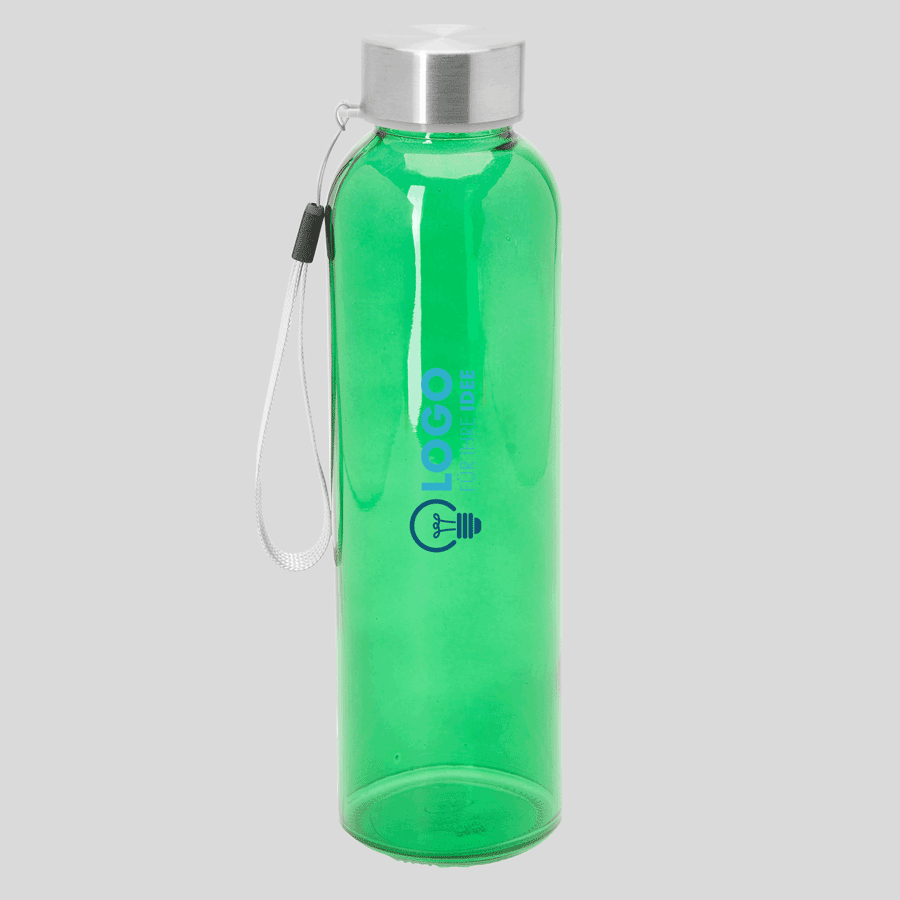 Grüne 500 ml Glasflasche mit Edelstahlverschluss, individuell bedruckt mittels Tampondruck