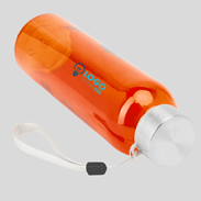 Glasflasche mit Edelstahlverschluss und Handschlaufe 500 ml orange Tampondruck