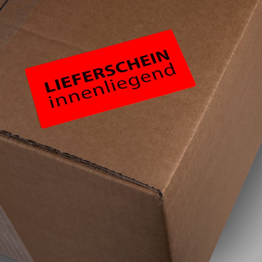 Aufgeklebtes Hinweisetikett in rot mit Aufschrift Lieferschein innenliegend