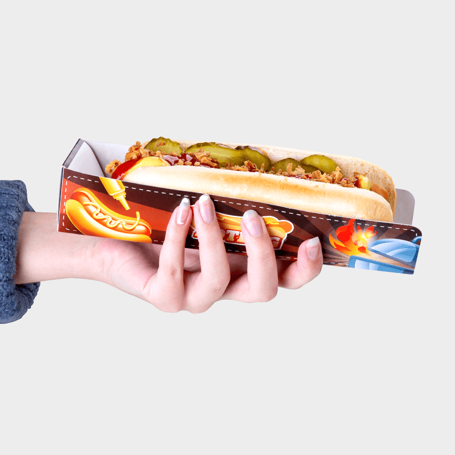 Individuelle Hotdog-Verpackung mit Servierbeispiel, 4/0-farbig bedruckt mittels Offsetdruck oder Digitaldruck