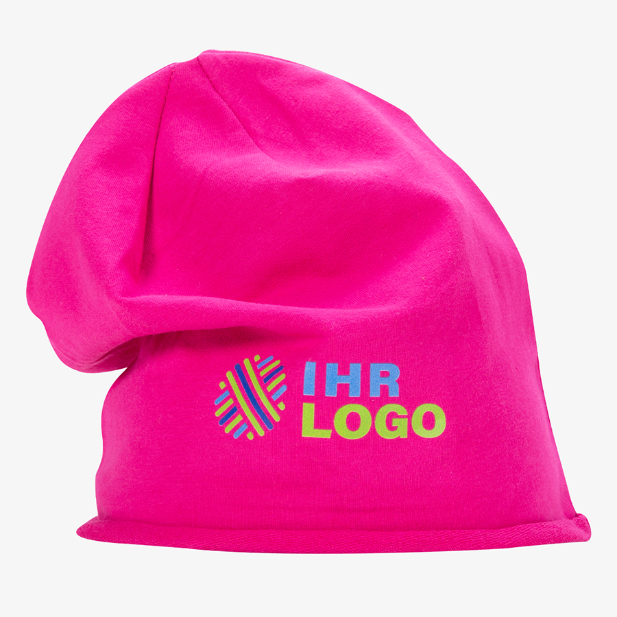 Jersey-Beanie in Pink mit vollfarbigem Digitaltransferdruck vorne mittig