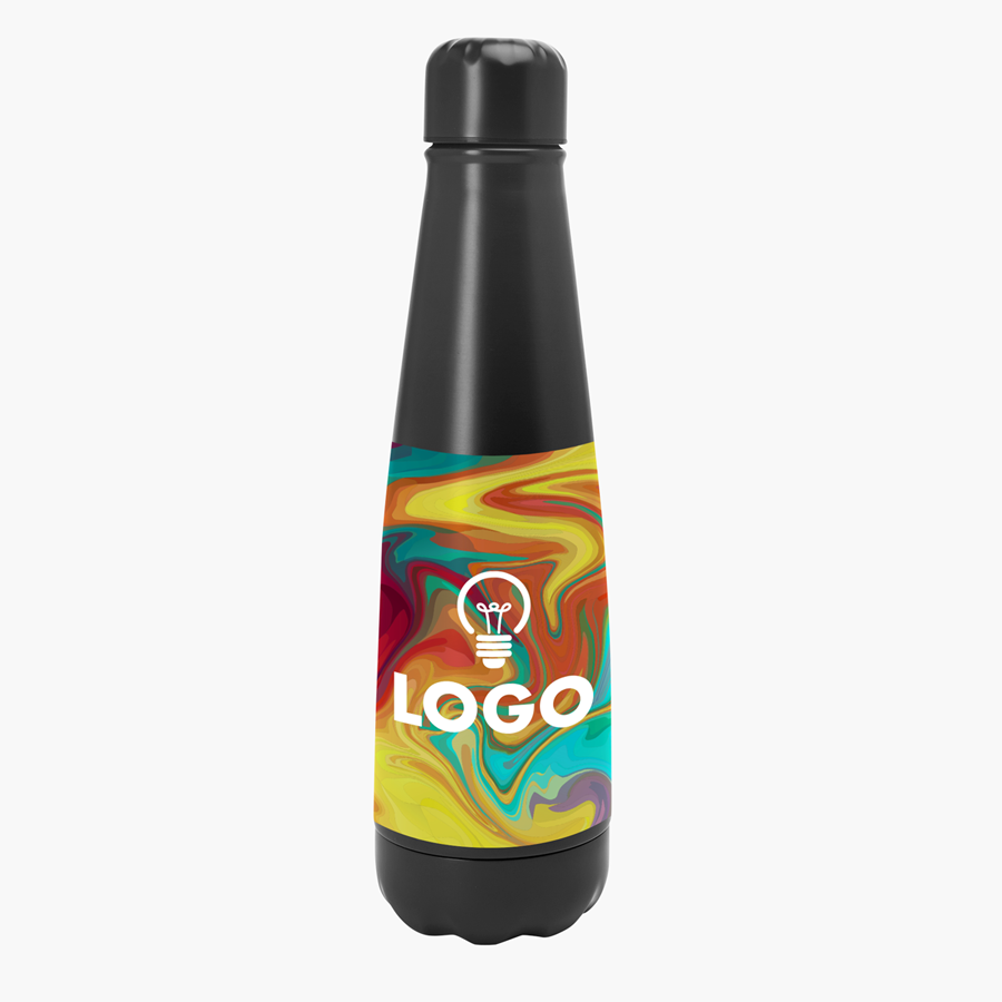 Matte Edelstahlflasche in Schwarz mit Rundum-Druck