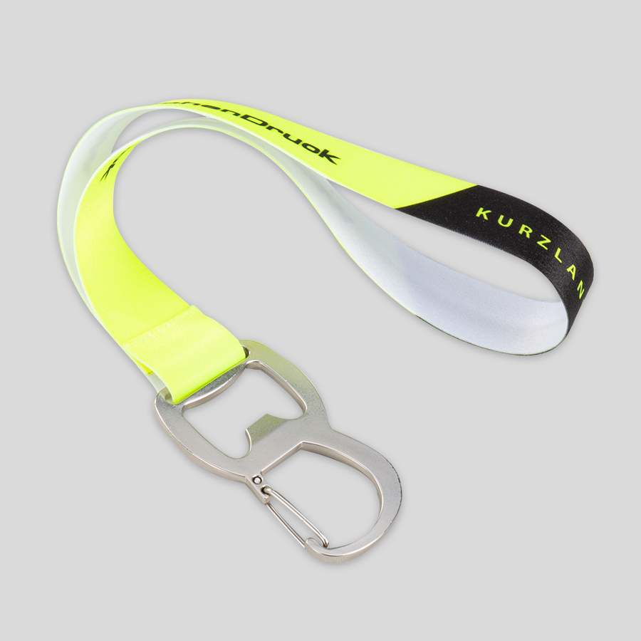 Kurzer Neon-Schlüsselanhänger mit Flaschenöffner und Karabinerhaken, bedrucktes Satin-Band aus 100 % Polyester