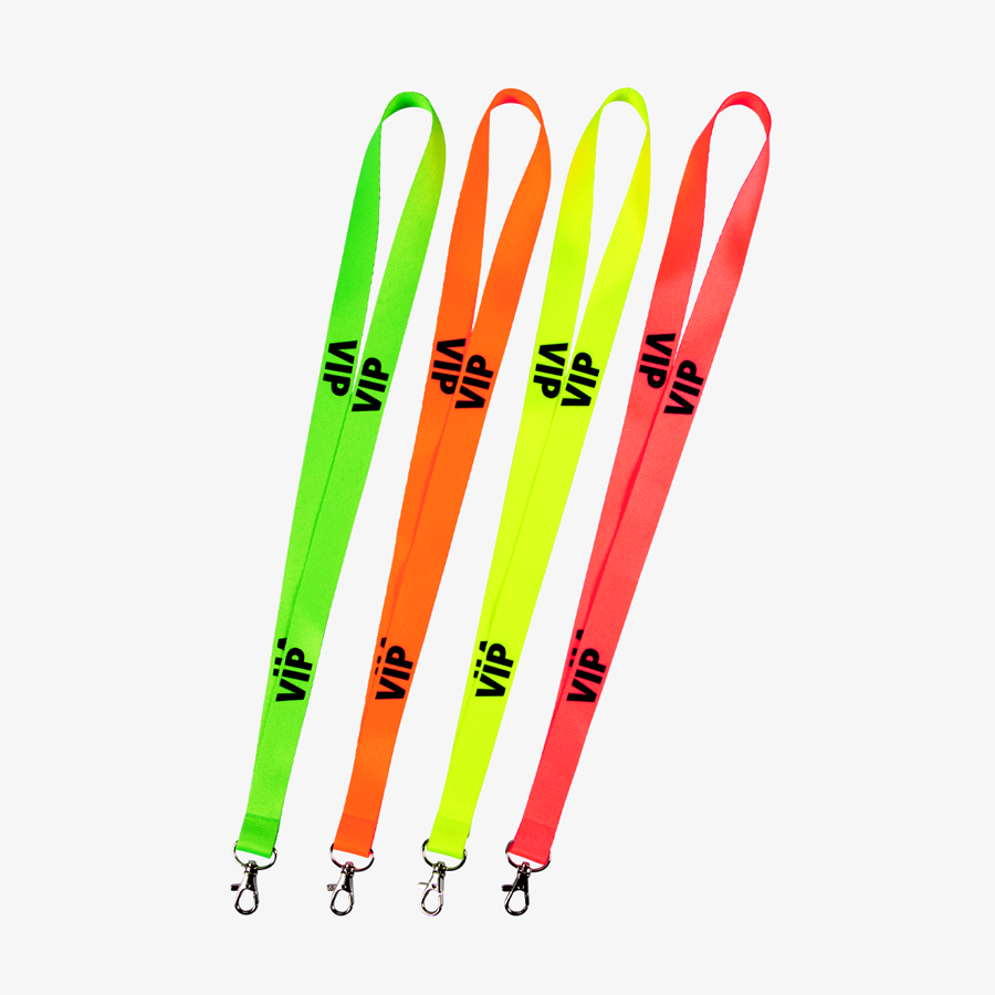 Neon-Lanyards mit Standardtext VIP in mehreren Farben, mit Karabiner