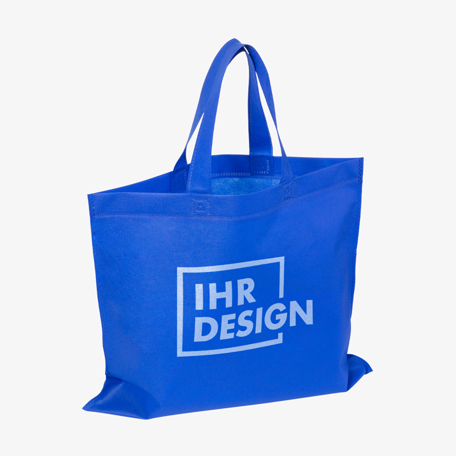 Blaue Non-Woven-Tasche ohne Bodenfalte, mit kurzen Henkeln und individuellem Druck