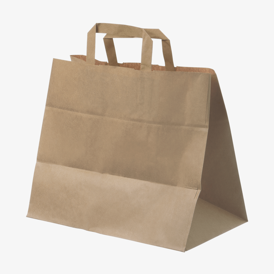 Unbedruckte Take-away-Tasche mit Flachhenkeln, aus naturbraunem Kraftpapier