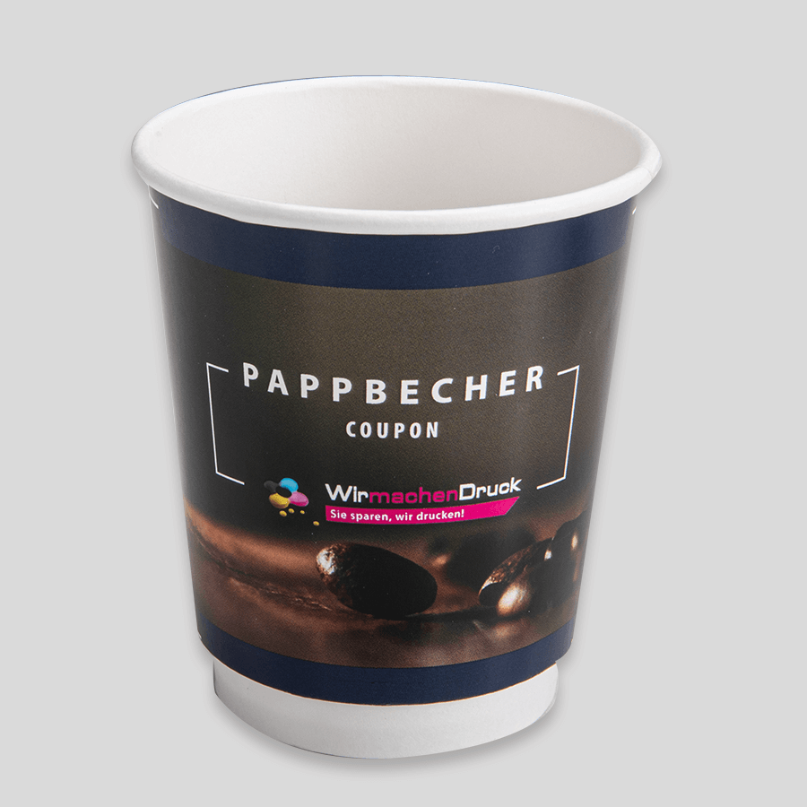 Coupon-Becher im Corporate Design aus Hartkarton mit individuell bedruckter Banderole aus Chromokarton