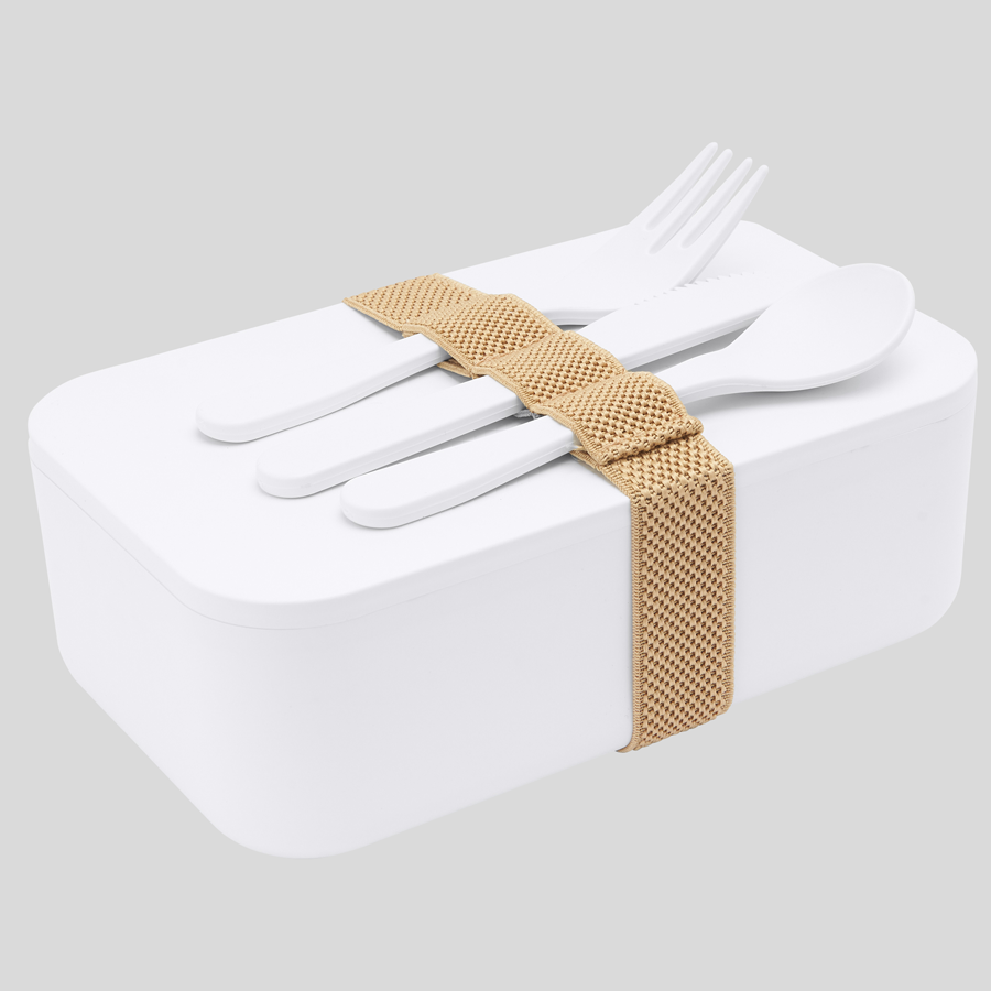 Geschlossene PLA-Lunchbox mit Silikonband inklusive Besteck Tampondruck