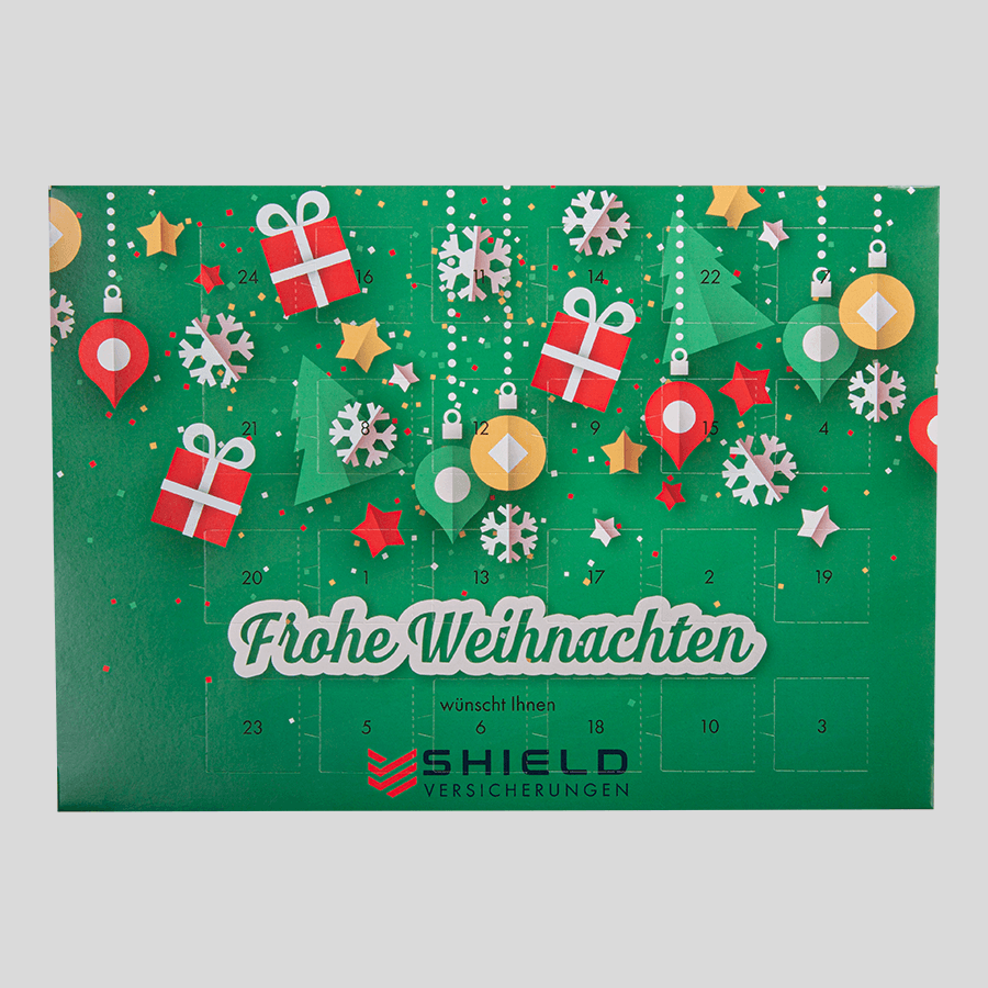 Individuell bedruckbarer Premium-Schoko-Adventskalender zum Aufstellen oder Aufhängen