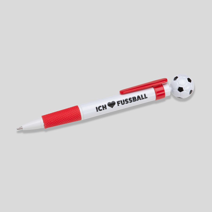 Fussball-Kugelschreiber in rot-weiss und mit individualisierbarem Druck