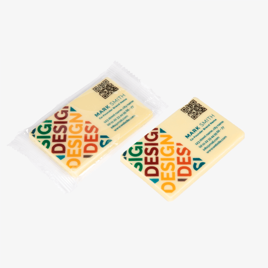 Schokoladen-Visitenkarten mit vollfarbigem Druck, in Folie verpackt