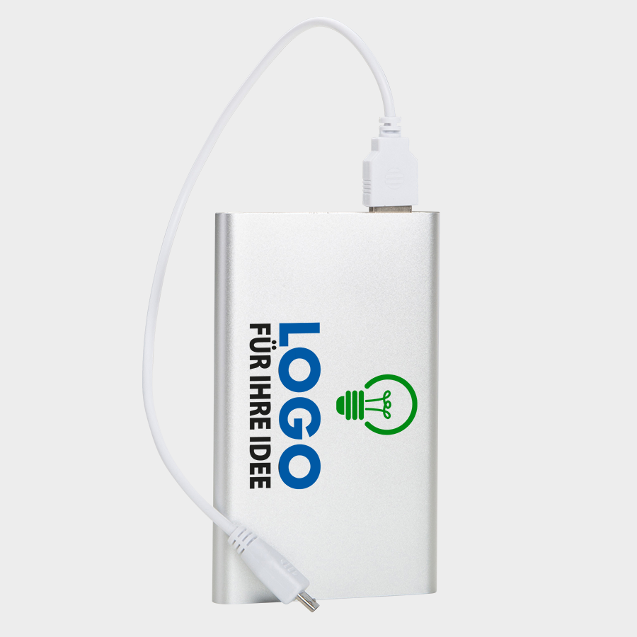 Silberfarbene Alu-Powerbank (4.000 mAh), mit Kabel und 4/0-farbigem Druck