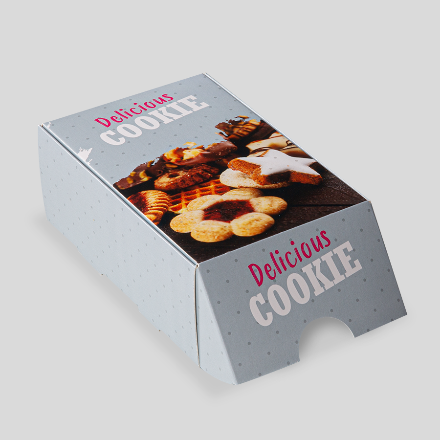 Grosse, individuell bedruckte Snack-Verpackung mit Klappdeckel mit einer Grösse von 13,5 x 9,5 x 5 cm