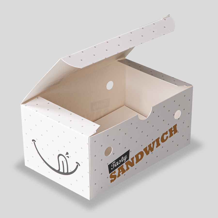 Offene Snack Verpackung mit Lüftungslöchern und praktischem Klappdeckel, 13,5 x 8 x 5,7 cm gross