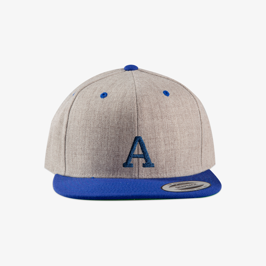 Grau-melierte Premium Snapback 2-Tone Cap mit 3D-Stick und blauen Elementen