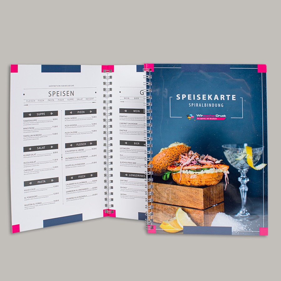 Speisekarte Getränkekarte mit Spiralbindung und transparentem Foliendeckblatt