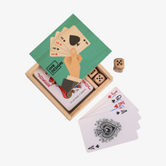 Karten-und-Würfel-Sets in Holzkiste mit bedruckbarem Schiebedeckel