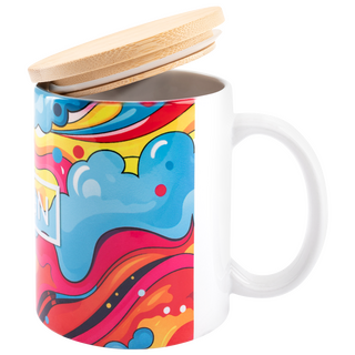 Werbetasse aus Keramik mit Bambusdeckel, 300 ml Fassungsvermögen