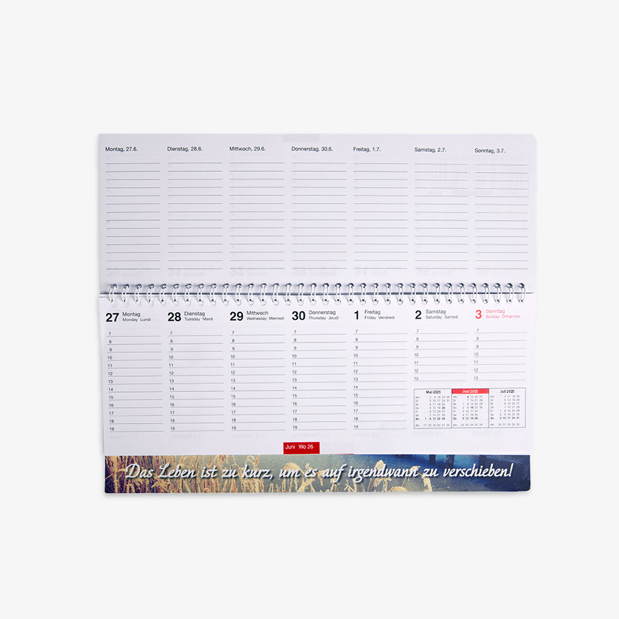 Individueller Tischkalender mit verlängerter Rückpappe (aufgeschlagen)