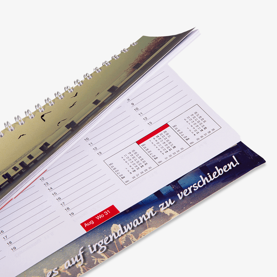 Detailansicht Tischkalender mit verlängerter Rückpappe, individuell bedruckt