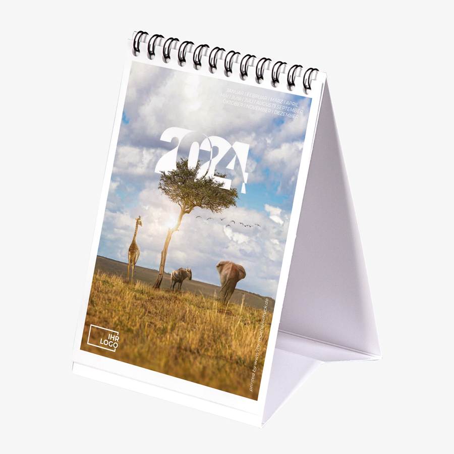 Tischkalender im Hochformat, seitlich aufgestellt im Wildlife-Design