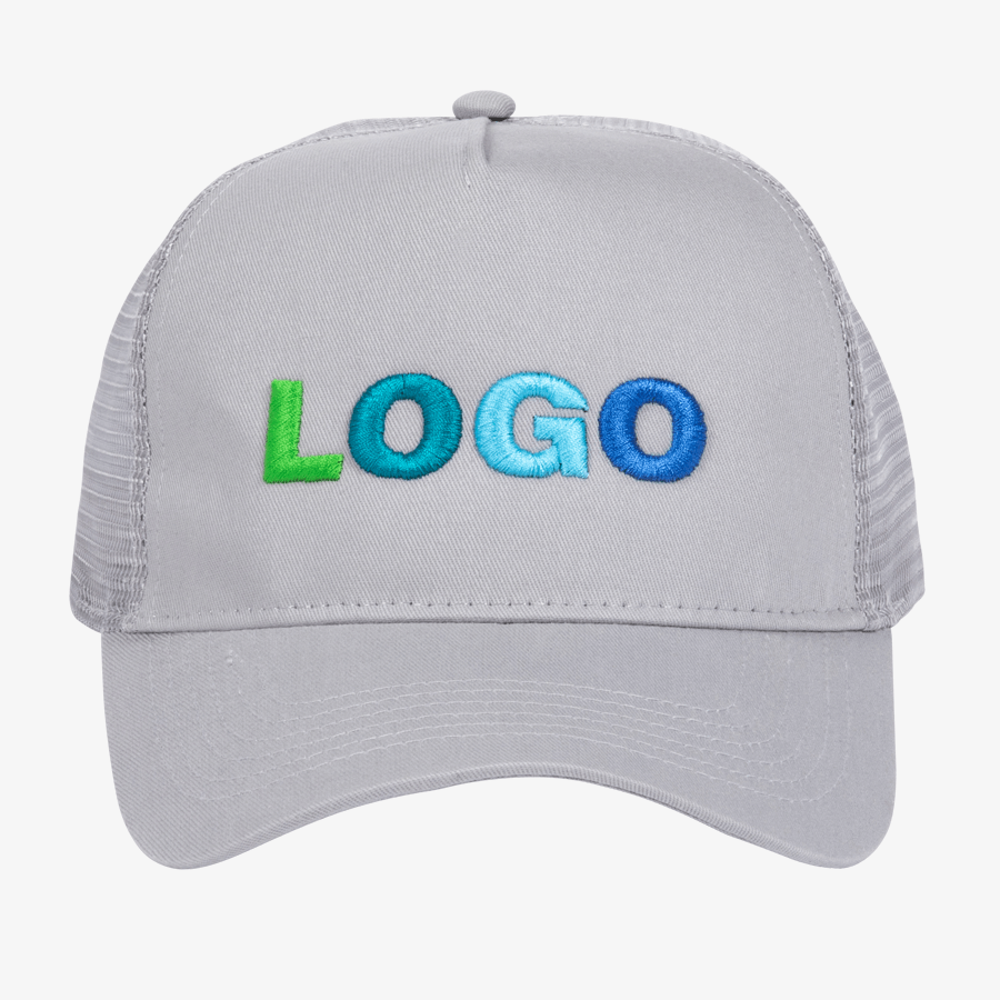 Trucker-Snapback-Cap in Grau, mit individueller 3D-Stickerei und Mesh-Einsatz