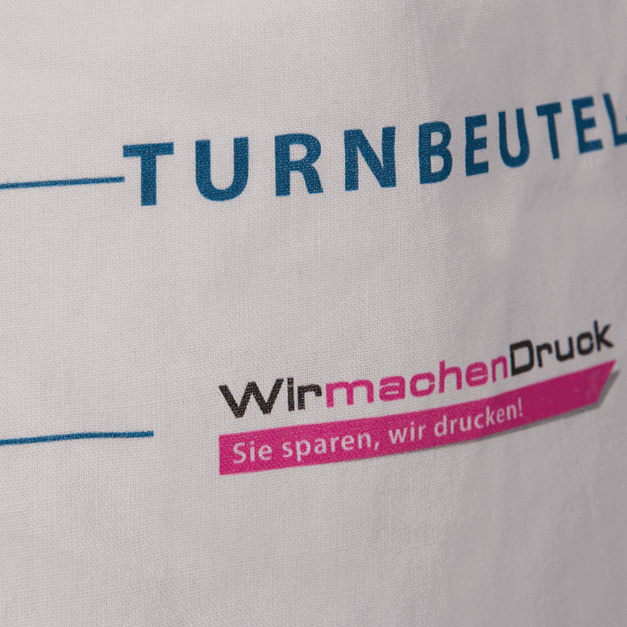 Detailansicht Siebdruck auf weissem Baumwoll-Turnbeutel