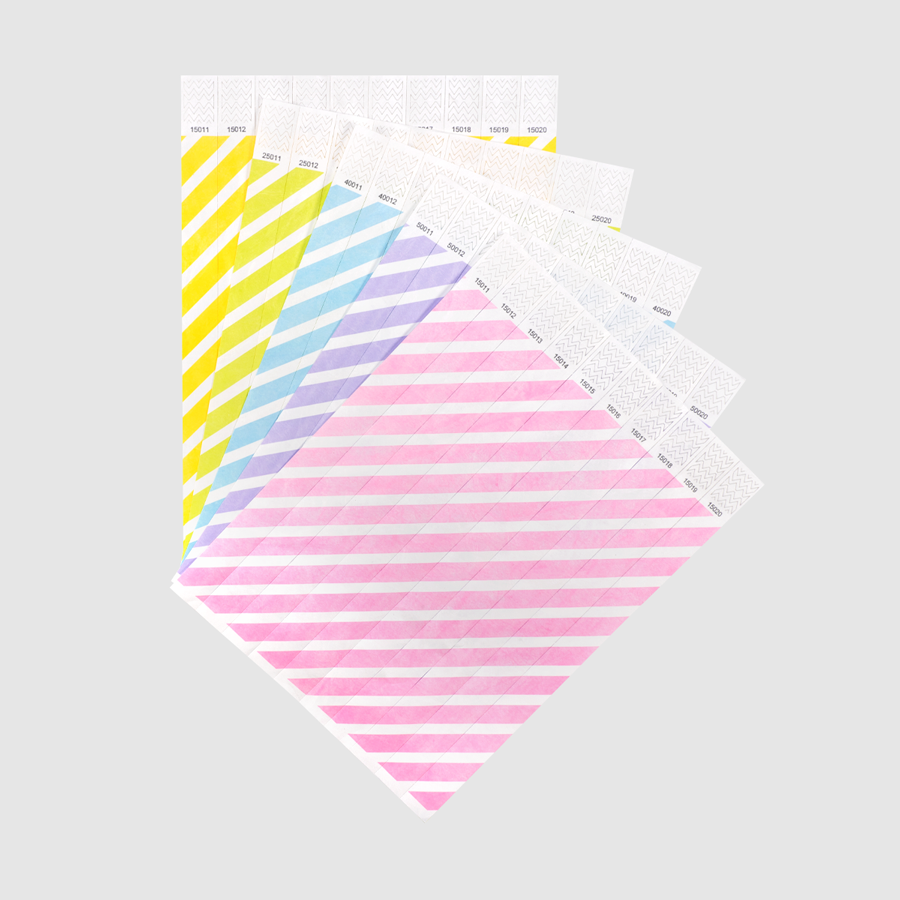 Unbedruckte Tyvek-Einlassbänder in vielen Farben, gestreift