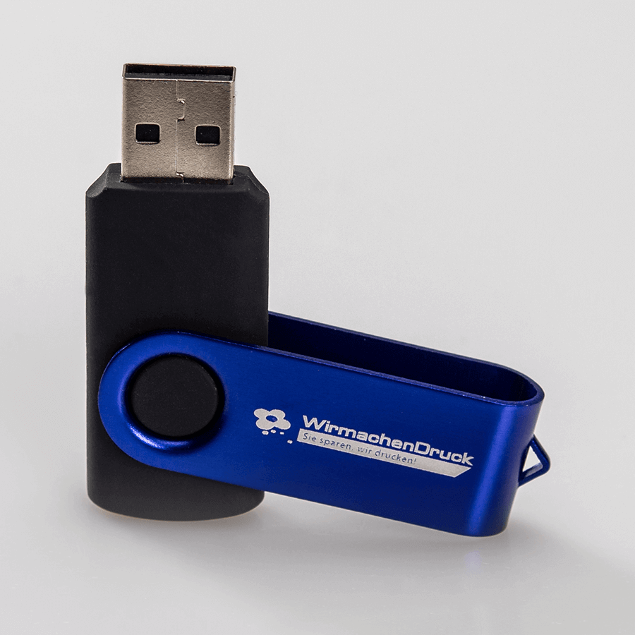 Hochwertiger blauer USB-Stick mit individueller Gravur